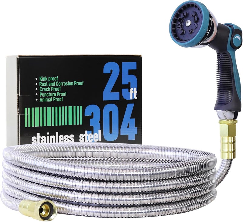 Numwot 25FT Garden Hose, 304 Stainless Steel Water Hose, Flexible with a 10-Mode Nozzle Sprayer, No Kink, Lightweight, Puncture Proof, Ideal for Yard, Lawn, Outdoor, 5/8'' Outside Diameter - Image 1